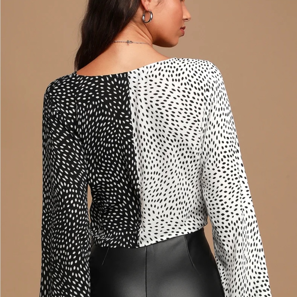 Lulus You Dot It Black and White Print Two-Tone Long Sleeve Wrap Top